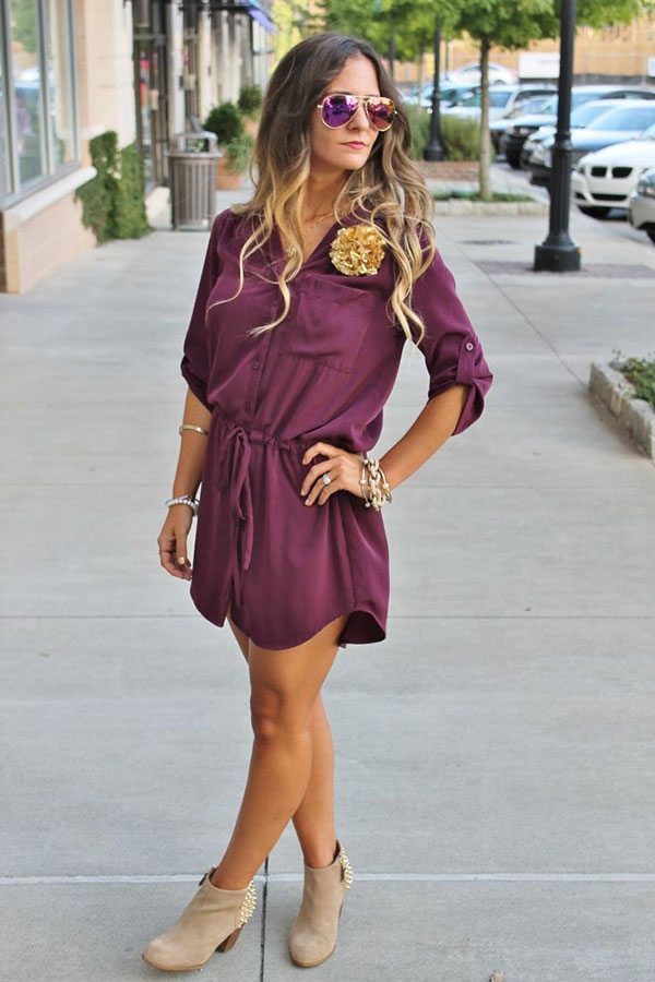 fioletowa sukienka koszulowa